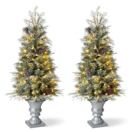 2 Pack 4ft. Pre-Lit Pine Artificial Christmas Porch Tree, Warm White LED Lights